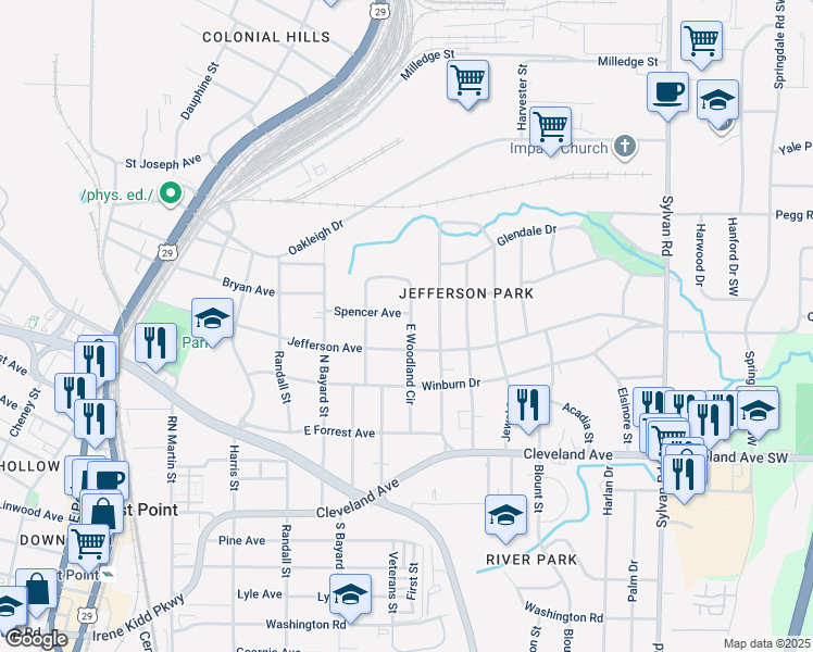 map of restaurants, bars, coffee shops, grocery stores, and more near 2545 East Woodland Circle in East Point