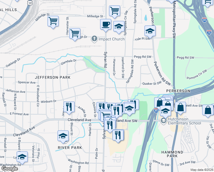 map of restaurants, bars, coffee shops, grocery stores, and more near 2534 Sylvan Road in East Point