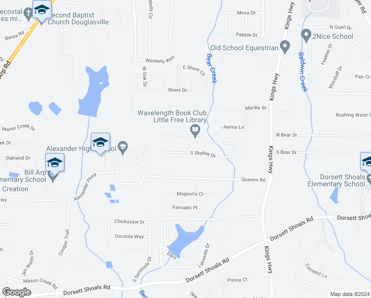 map of restaurants, bars, coffee shops, grocery stores, and more near 6311 South Skyline Drive in Douglasville