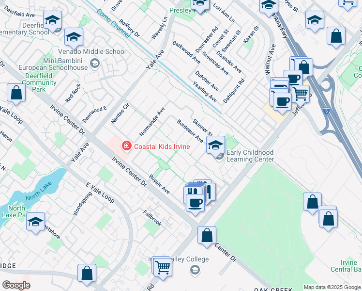 map of restaurants, bars, coffee shops, grocery stores, and more near 15241 Lille Circle in Irvine