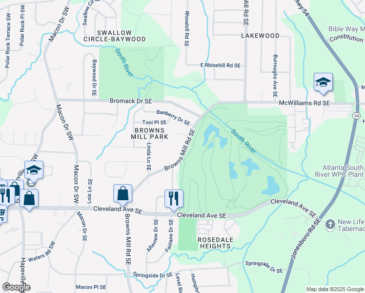 map of restaurants, bars, coffee shops, grocery stores, and more near 2509 Browns Mill Road Southeast in Atlanta