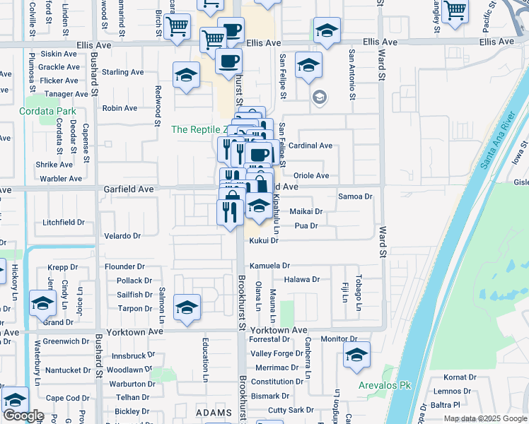 map of restaurants, bars, coffee shops, grocery stores, and more near 19084 Brookhurst Street in Huntington Beach