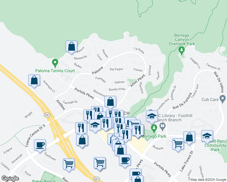 map of restaurants, bars, coffee shops, grocery stores, and more near 28 Bonita Vista in Lake Forest
