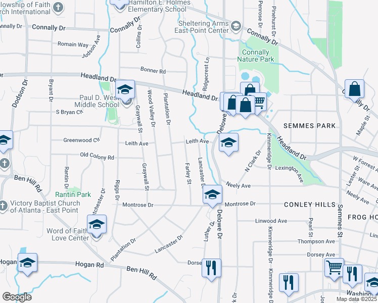 map of restaurants, bars, coffee shops, grocery stores, and more near 2562 Farley Street in East Point