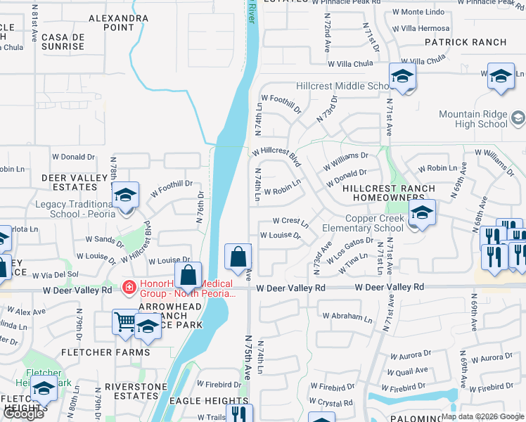 map of restaurants, bars, coffee shops, grocery stores, and more near 7455 West Via Montoya Drive in Glendale