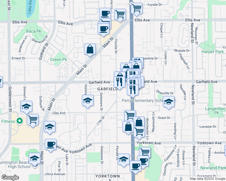 map of restaurants, bars, coffee shops, grocery stores, and more near 7902 Rainbow Circle in Huntington Beach
