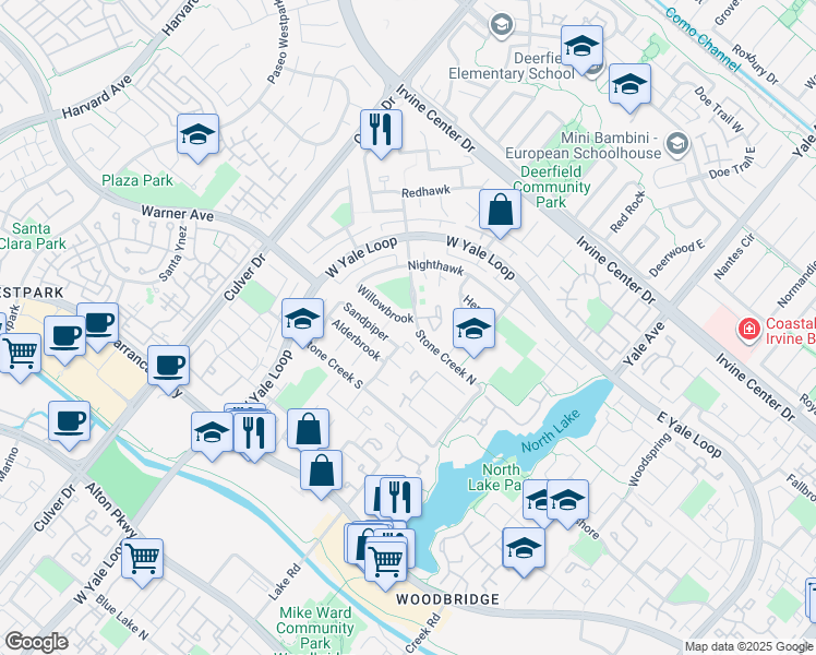 map of restaurants, bars, coffee shops, grocery stores, and more near 85 Sandpiper in Irvine