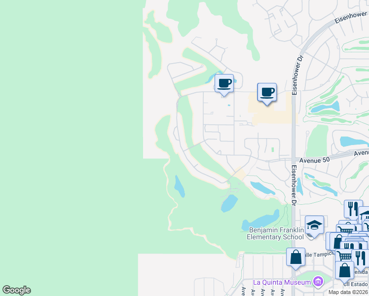 map of restaurants, bars, coffee shops, grocery stores, and more near 76885 Avenue Fernando in La Quinta