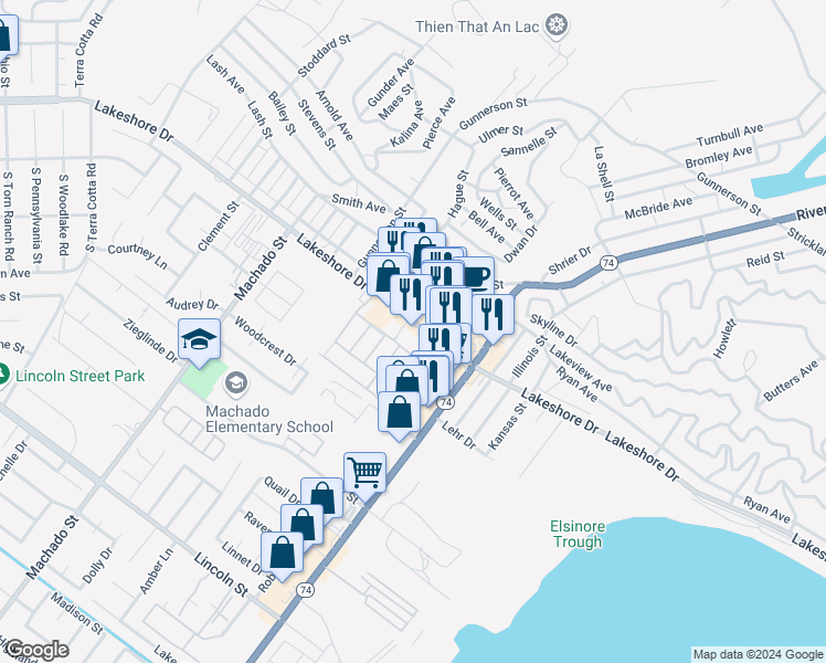 map of restaurants, bars, coffee shops, grocery stores, and more near 16665 Lakeshore Drive in Lake Elsinore