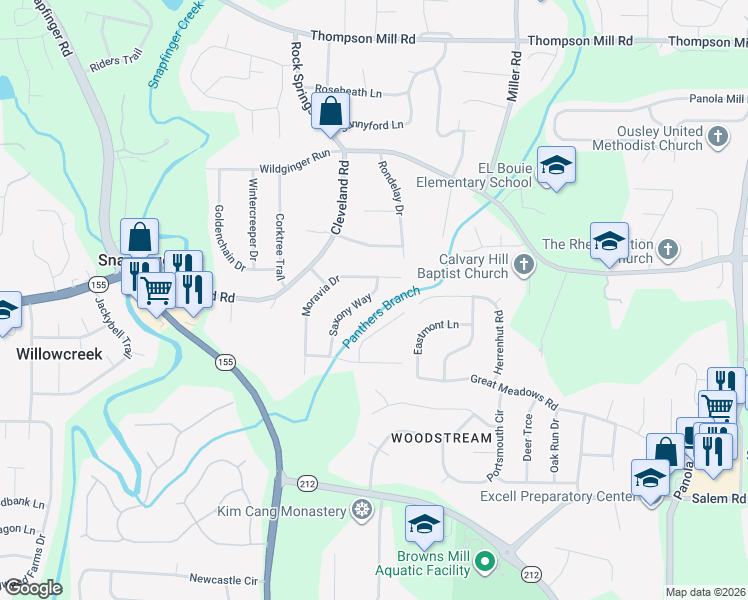 map of restaurants, bars, coffee shops, grocery stores, and more near 3325 Saxony Way in Stonecrest