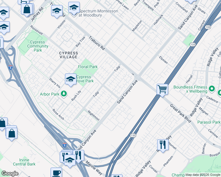 map of restaurants, bars, coffee shops, grocery stores, and more near 54 Field Poppy in Irvine