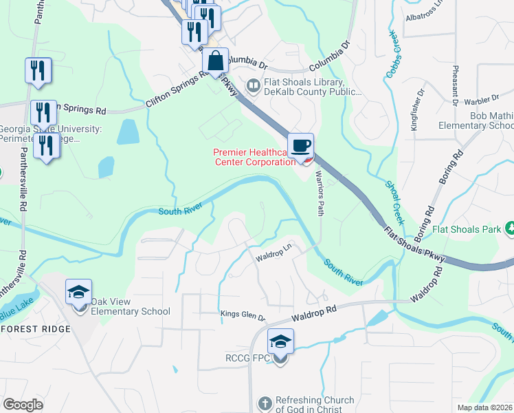 map of restaurants, bars, coffee shops, grocery stores, and more near 3331 Waldrop Trail in Decatur