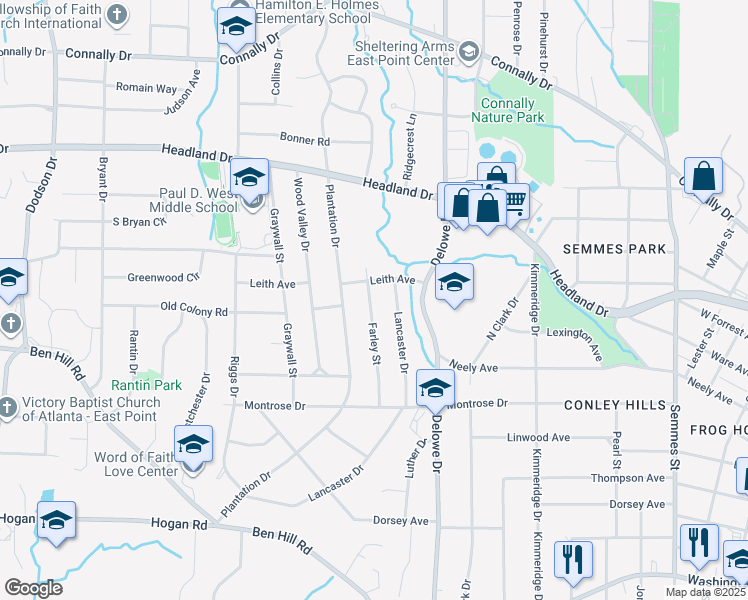 map of restaurants, bars, coffee shops, grocery stores, and more near 2562 Farley Street in East Point