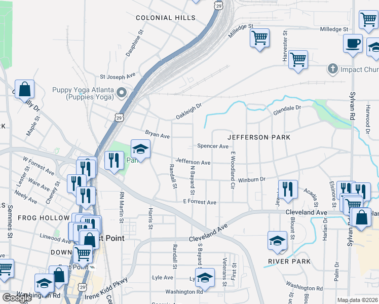 map of restaurants, bars, coffee shops, grocery stores, and more near 2545 North Bayard Street in East Point