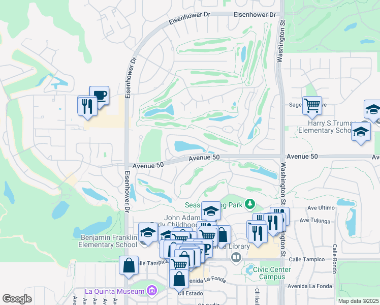 map of restaurants, bars, coffee shops, grocery stores, and more near 78009 Lago Drive in La Quinta