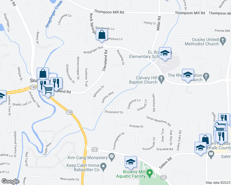 map of restaurants, bars, coffee shops, grocery stores, and more near 3313 Saxony Way in Lithonia