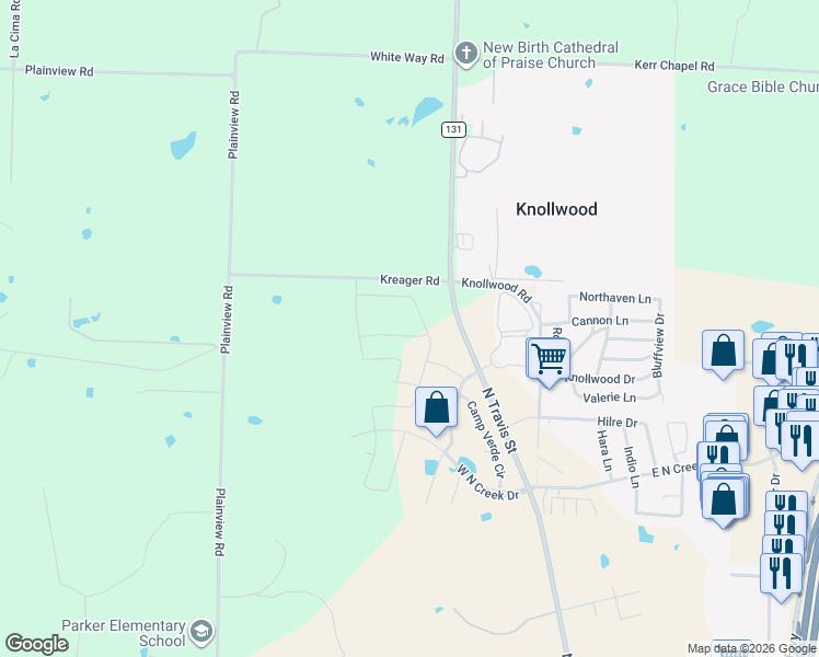 map of restaurants, bars, coffee shops, grocery stores, and more near 403 Woodbine Drive in Sherman