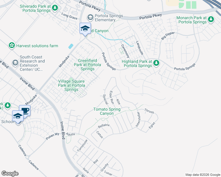 map of restaurants, bars, coffee shops, grocery stores, and more near 80 Eider Run in Trabuco Canyon