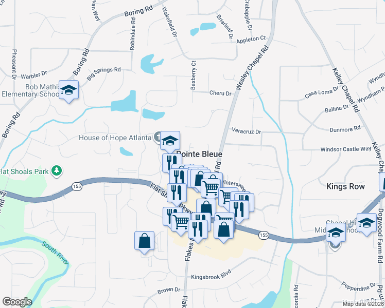 map of restaurants, bars, coffee shops, grocery stores, and more near 3856 Pointe Bleue Dr in Decatur