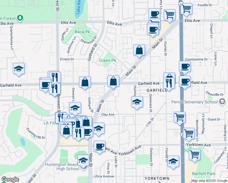map of restaurants, bars, coffee shops, grocery stores, and more near 19075 Oceanport Lane in Huntington Beach