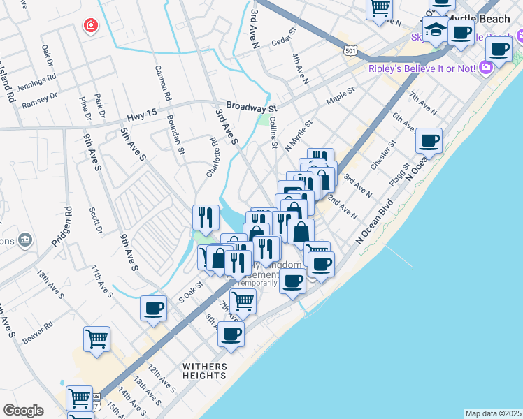 map of restaurants, bars, coffee shops, grocery stores, and more near 604 Withers Swash Drive in Myrtle Beach