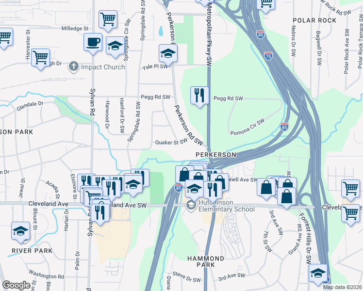 map of restaurants, bars, coffee shops, grocery stores, and more near 688 Quaker Street Southwest in Atlanta