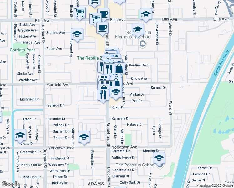 map of restaurants, bars, coffee shops, grocery stores, and more near 19080 Brookhurst Street in Huntington Beach
