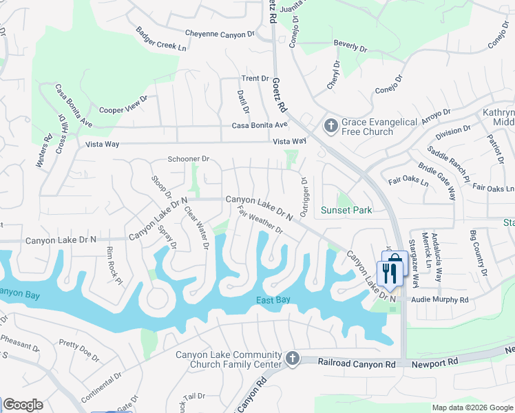map of restaurants, bars, coffee shops, grocery stores, and more near 23825 Canyon Lake Drive North in Canyon Lake