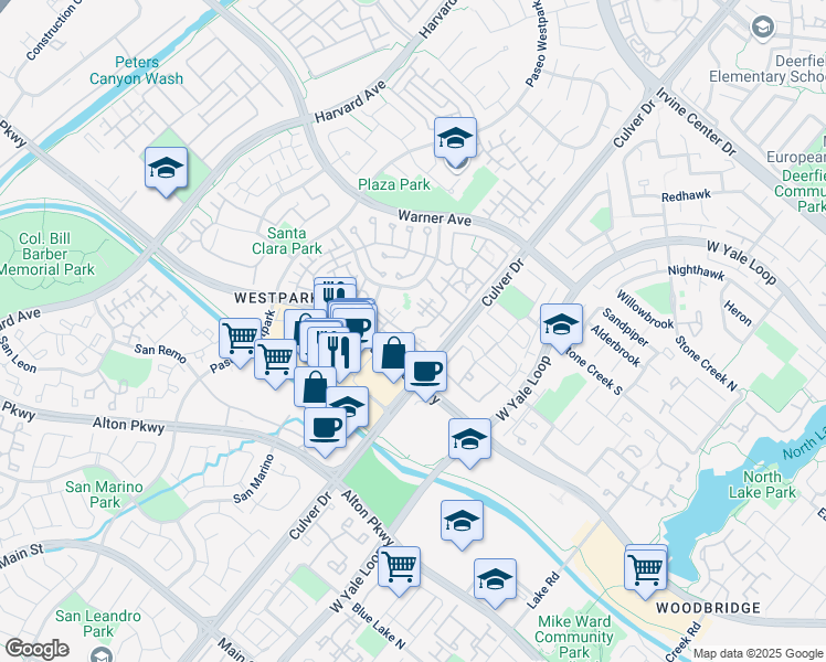 map of restaurants, bars, coffee shops, grocery stores, and more near 248 Santa Barbara in Irvine