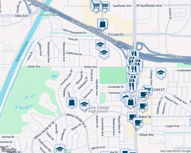 map of restaurants, bars, coffee shops, grocery stores, and more near 3160 Gibraltar Avenue in Costa Mesa