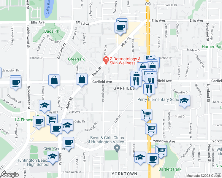 map of restaurants, bars, coffee shops, grocery stores, and more near 19112 Huntington Street in Huntington Beach