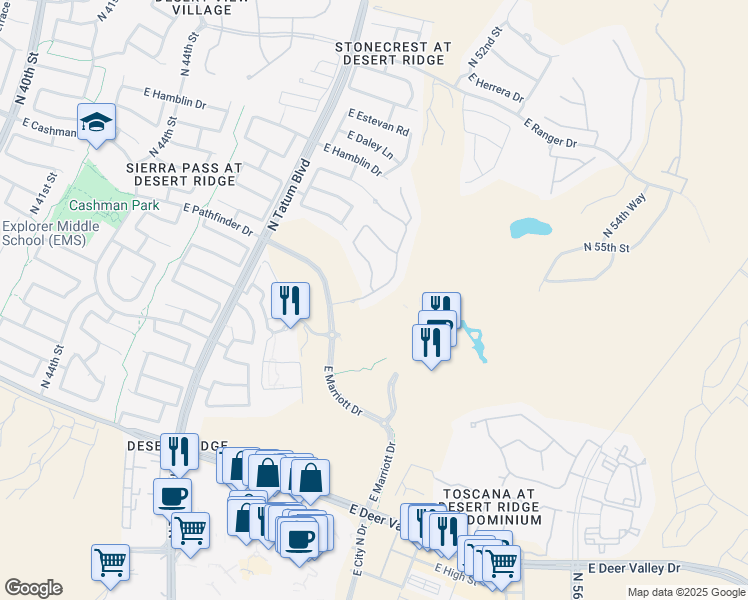 map of restaurants, bars, coffee shops, grocery stores, and more near 21835 North 51st Street in Phoenix