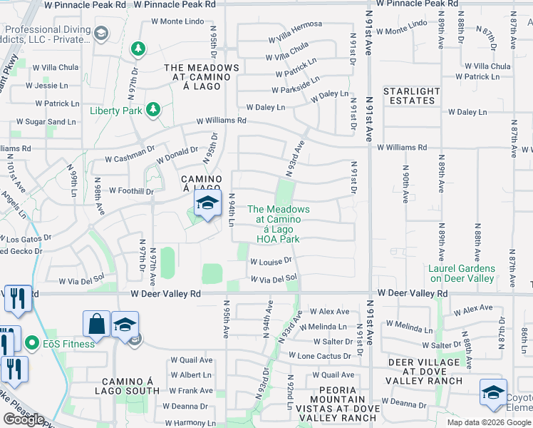 map of restaurants, bars, coffee shops, grocery stores, and more near 9355 West Via Montoya Drive in Peoria