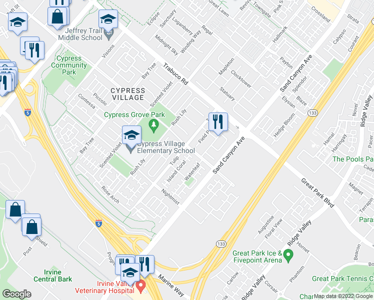 map of restaurants, bars, coffee shops, grocery stores, and more near 78 Thornapple in Irvine