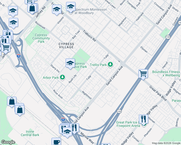map of restaurants, bars, coffee shops, grocery stores, and more near 78 Thornapple in Irvine