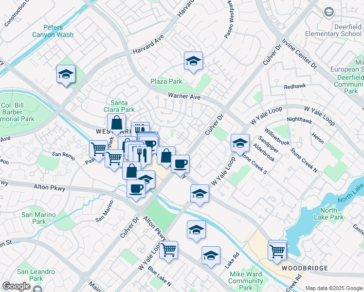 map of restaurants, bars, coffee shops, grocery stores, and more near 248 Santa Barbara in Irvine