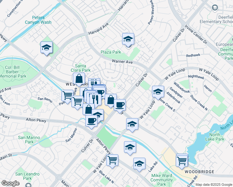 map of restaurants, bars, coffee shops, grocery stores, and more near 248 Santa Barbara in Irvine