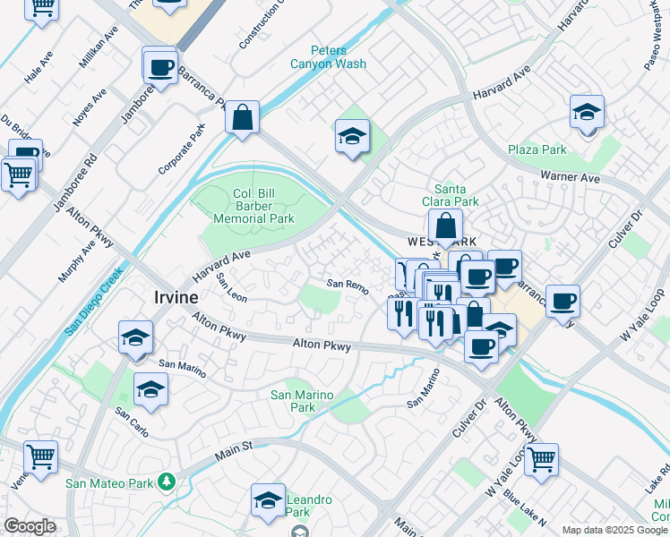 map of restaurants, bars, coffee shops, grocery stores, and more near 5 Palagonia Aisle in Irvine