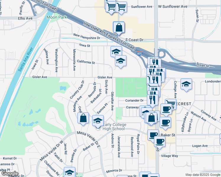 map of restaurants, bars, coffee shops, grocery stores, and more near 3160 Gibraltar Avenue in Costa Mesa