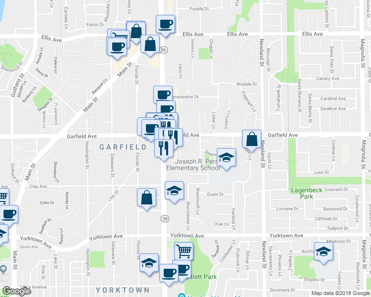 map of restaurants, bars, coffee shops, grocery stores, and more near 8125 Surfline Drive in Huntington Beach