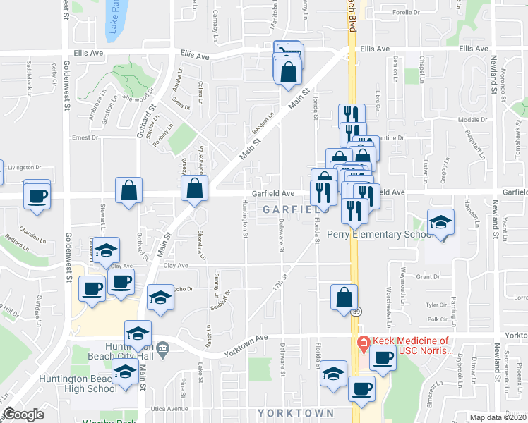 map of restaurants, bars, coffee shops, grocery stores, and more near 19112 Huntington Street in Huntington Beach