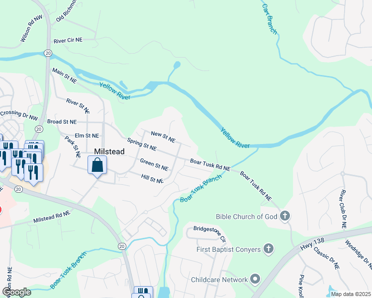 map of restaurants, bars, coffee shops, grocery stores, and more near 1847 New Street Northeast in Conyers