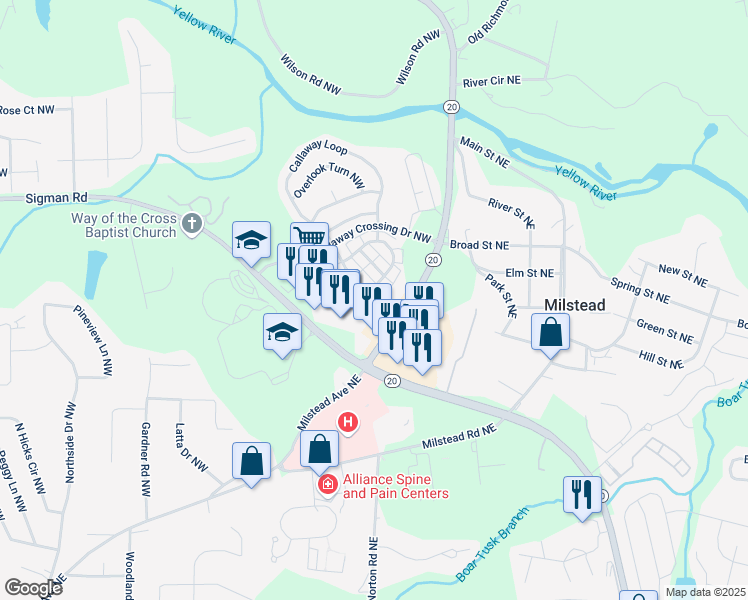 map of restaurants, bars, coffee shops, grocery stores, and more near 162 Odyssey Turn Northwest in Conyers