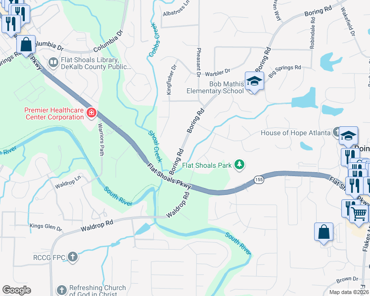 map of restaurants, bars, coffee shops, grocery stores, and more near 3284 Boring Road in Decatur