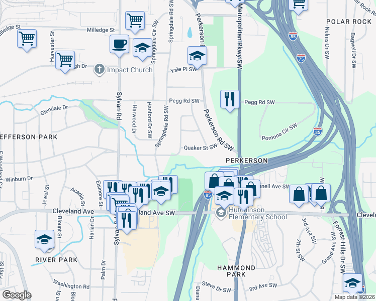map of restaurants, bars, coffee shops, grocery stores, and more near 728 Quaker Street Southwest in Atlanta