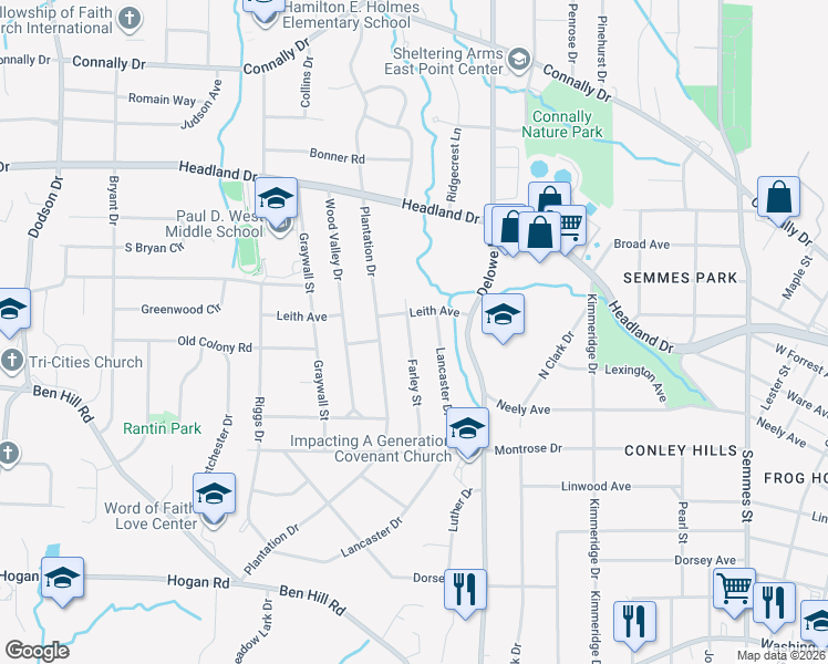 map of restaurants, bars, coffee shops, grocery stores, and more near 2562 Farley Street in East Point