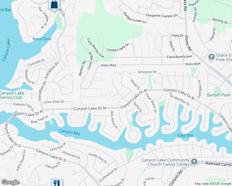map of restaurants, bars, coffee shops, grocery stores, and more near 23350 Clipper Court in Canyon Lake