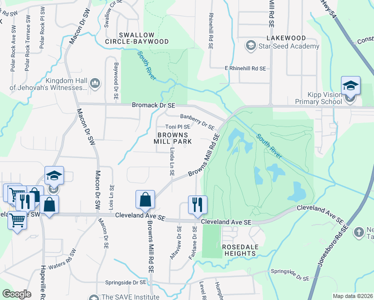 map of restaurants, bars, coffee shops, grocery stores, and more near 2508 Mobley Court Southeast in Atlanta