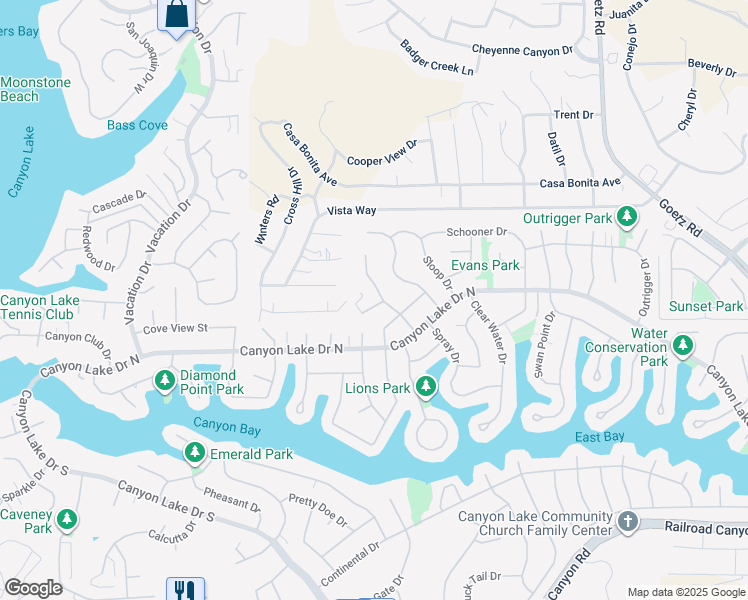 map of restaurants, bars, coffee shops, grocery stores, and more near 23350 Clipper Court in Canyon Lake