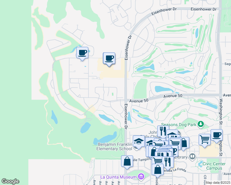 map of restaurants, bars, coffee shops, grocery stores, and more near 77661 Los Arboles Drive in La Quinta